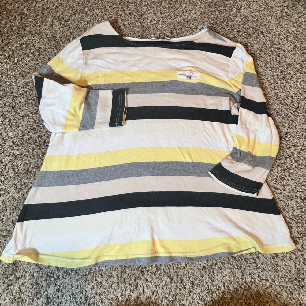Croft & Barrow Women XL Striped Boat Neck 3/4 Sleeve Cotton Yellow Navy White